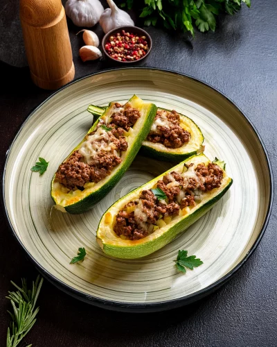 calabacines rellenos con ternera picada, champiñones y queso